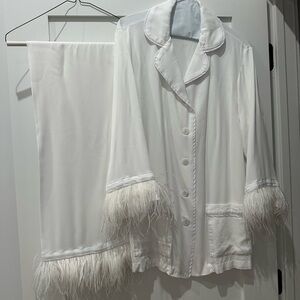 Elegant White Feather-Trimmed Pajama Set